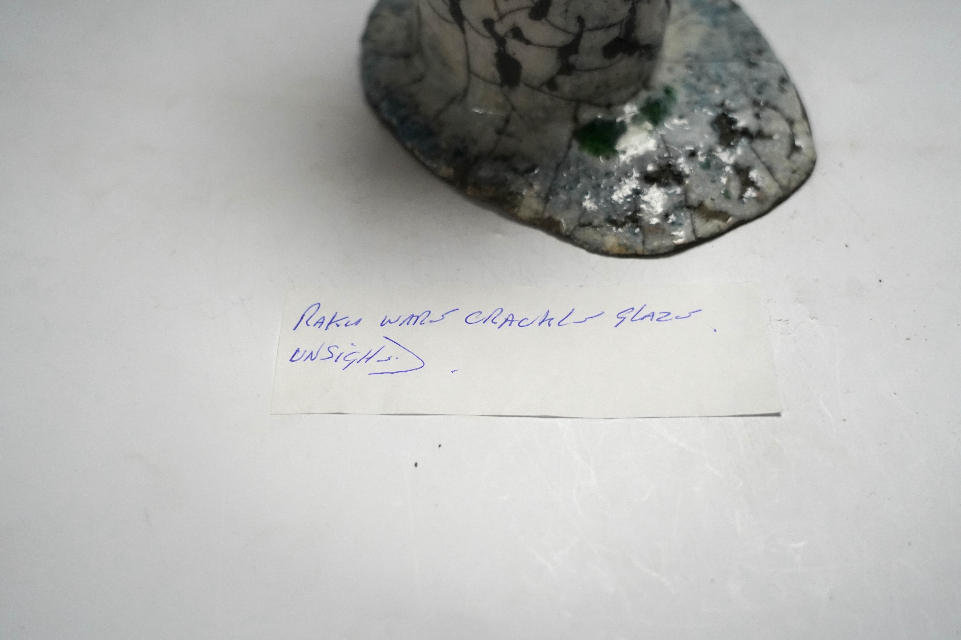 A Raku ware pottery vase, a Leiard dish, a dish and a grey glazed vase, Raku vase 17.5cm high